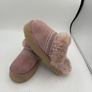 UGG Disquette Atherson Pink Rose Grey Suede Fur Platform Slippers Size 8